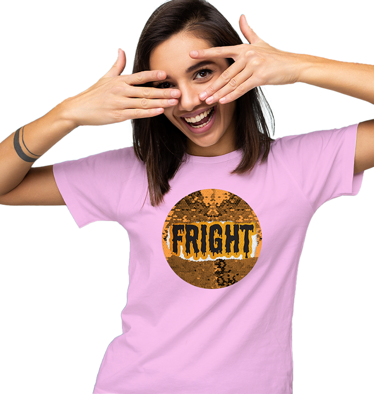 Woman in pink sequin shirt